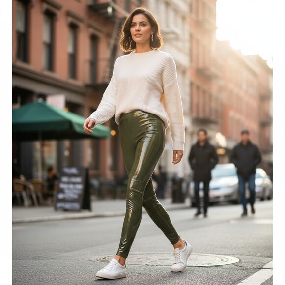 Commando Leggings Patent Faux Leather Womens Large Shiny Olive Green High Rise - Picture 8 of 8